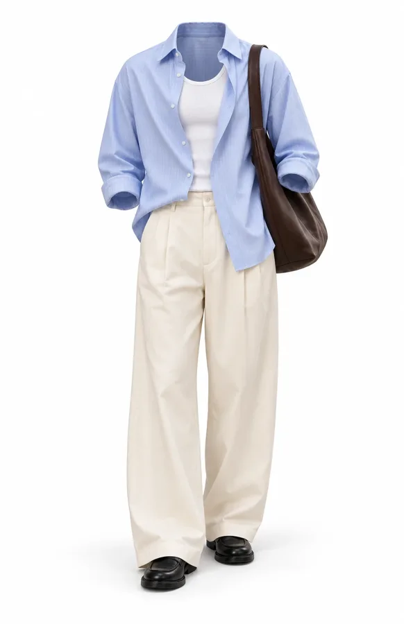 Blue shirt, cream trousers and leather bag